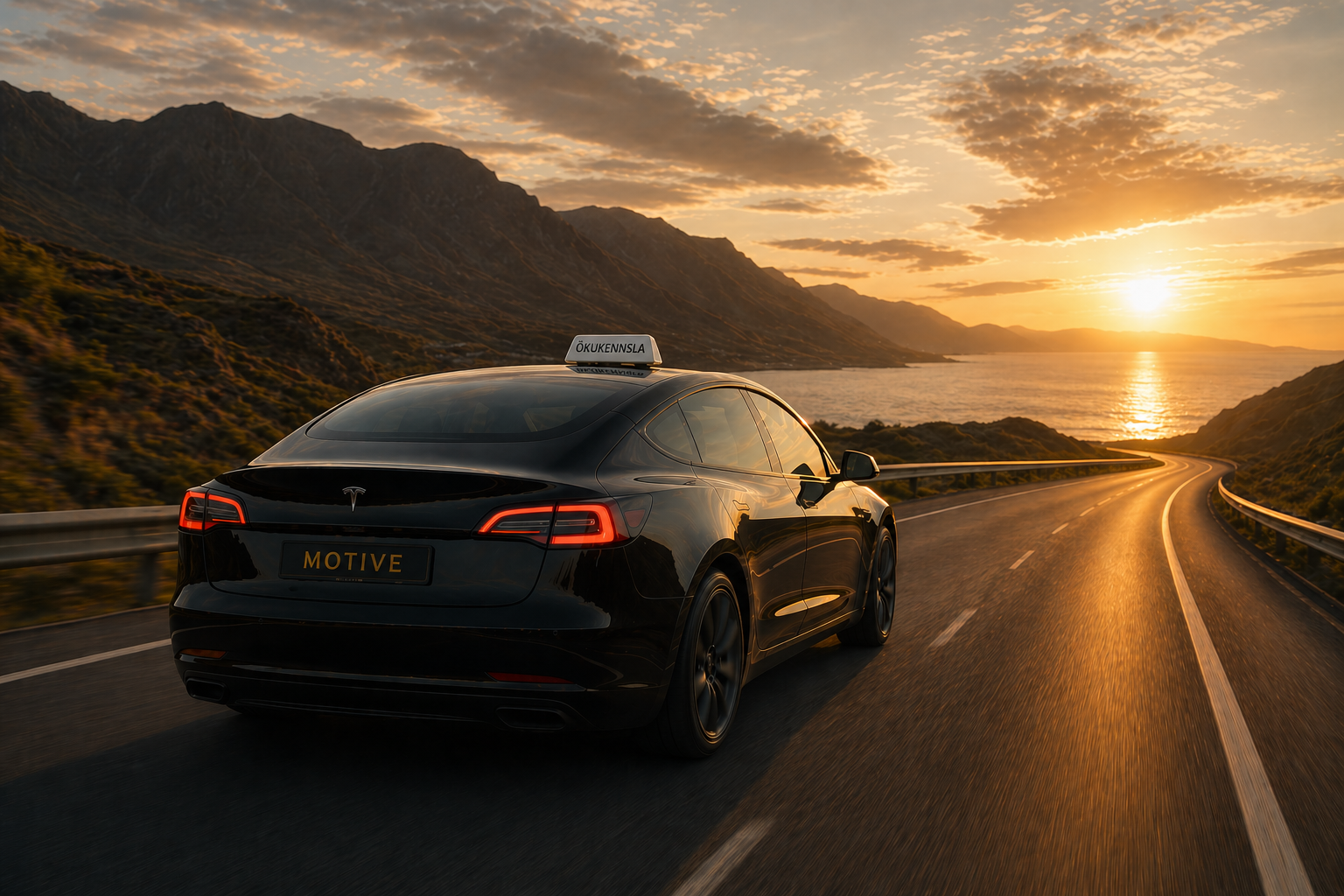 Tesla Model 3 frá Motive Ökukennslu á akstri við sólsetur